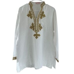 Mary Marshmallow White Linen Gold Embroidered Beaded Tunic Kaftan Top XXL NWT